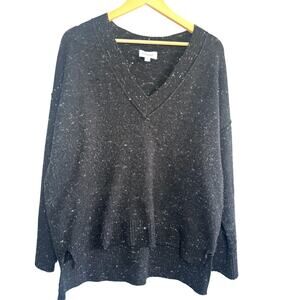 Evereve Women’s Black Speckled V-Neck Sweater Size Large Oversized Relaxed Fit